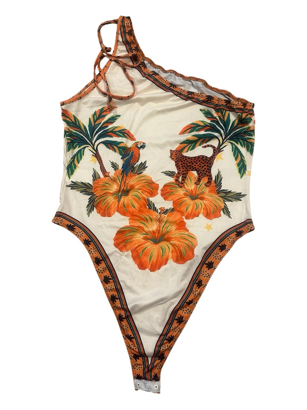 One-Shoulder Tropical Floral Bodysuit in Cream and Orange